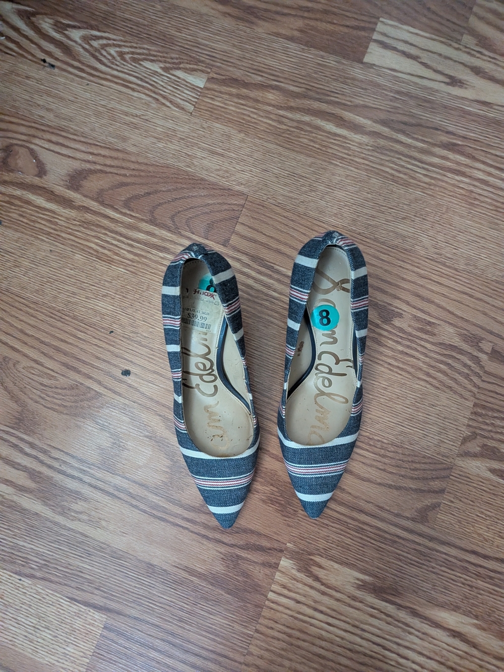 Sam Edelman  Striped Pointed Toe Pumps in Navy and White - Picture 5 of 5